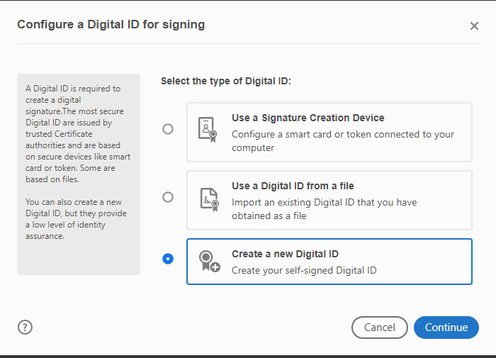 Configure a Digital ID for signing box open, with Create a New Digital ID hightlighted