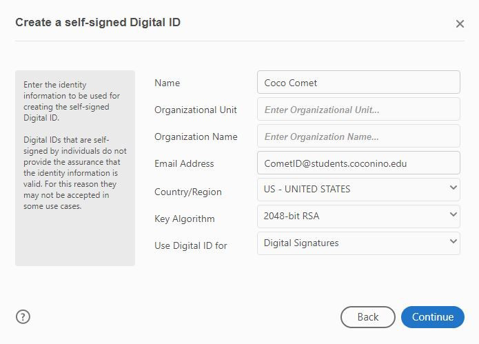Create a self-signed Digital ID box opened with the fields  filled in with example student data
