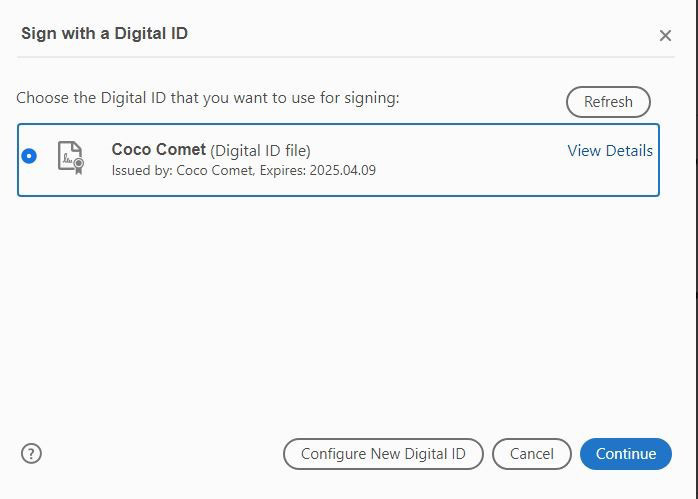 Sign with a Digital ID box open with the example signature that was created in the prior steps highlighted