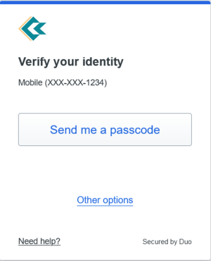 Verify your identity. Send me a Passcode button to send an SMS text message. Other options link listed.