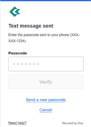 Text Message Sent screen. Enter the password sent to your phone. Field for the password when send.