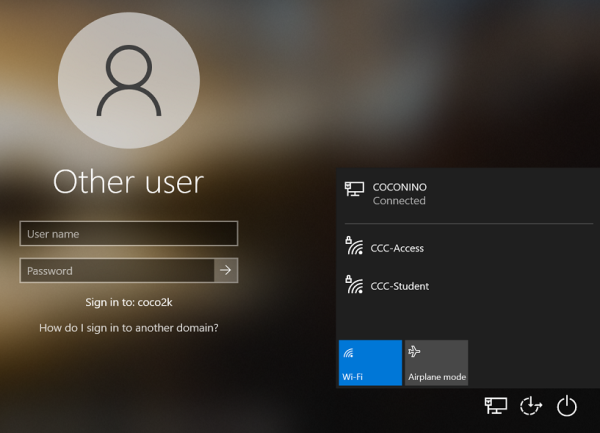 Windows login screen with network selection open showing the network options