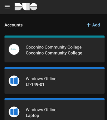 Duo Mobile App showing the list of accounts and the ability to Add a new account. 