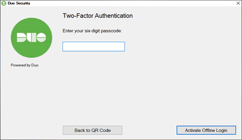 Two-factor authentication. Enter your six-digit passcode. Box to insert code.   Two buttons: "Back to QR Code" and "Activate Offline Login"