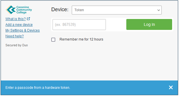 Webmail Duo Prompt Hardware Token prompt displayed. "Enter a passcode from a hardware token" 