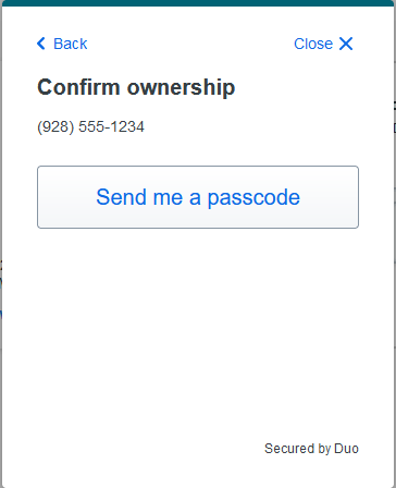 Confirm Ownership for phone number entered in prior step. Send me a passcode button shown