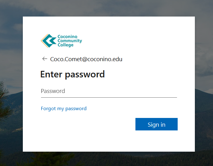 Office 365 Login Page asking for CCC-specific password with the CCC logo and background now showing.