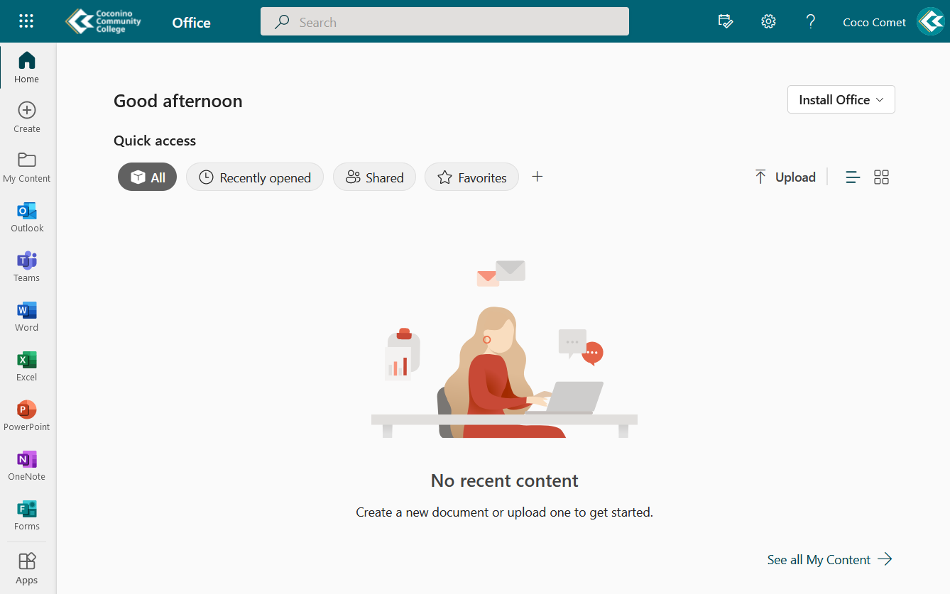 Office 365 Main Landing Page. Left-side has easy access to apps. Middle of page is recently opened documents. Right side is account information. 