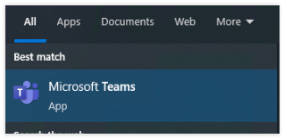 Microsoft Teams displayed in Windows Search