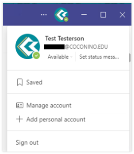 Teams Profile-Picture Menu Expanded. Showing user information, availability, manage account, and more.