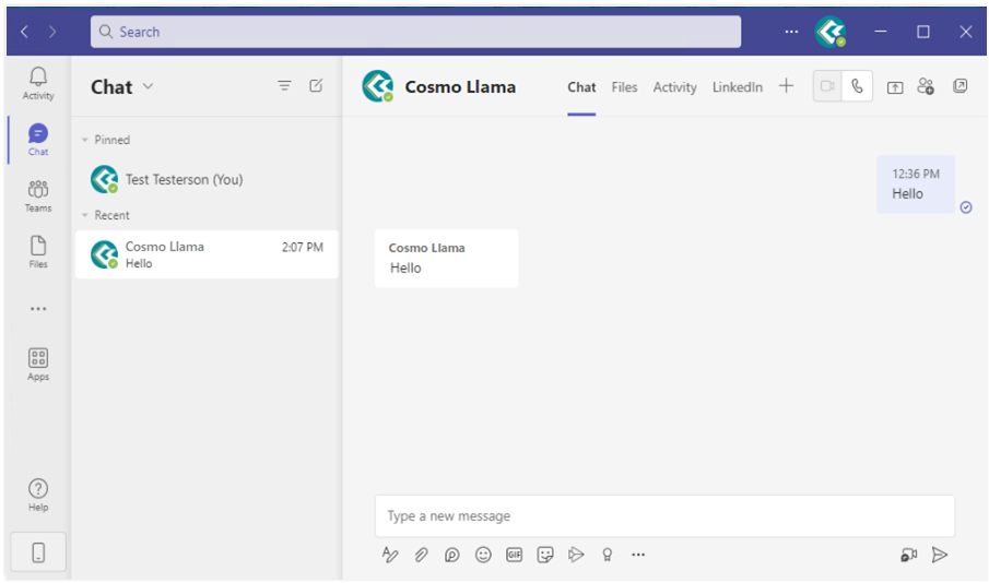 Teams Chat Window fully displayed with an example message. Below the chat window is the input field to type a new message.