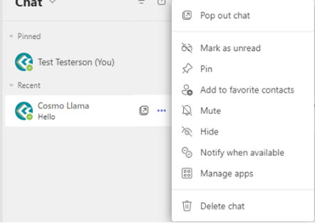 Teams chat message option context menu displayed. Options for Pop-out chat, Mark as unread, Pin, Mute, Hide, and more.