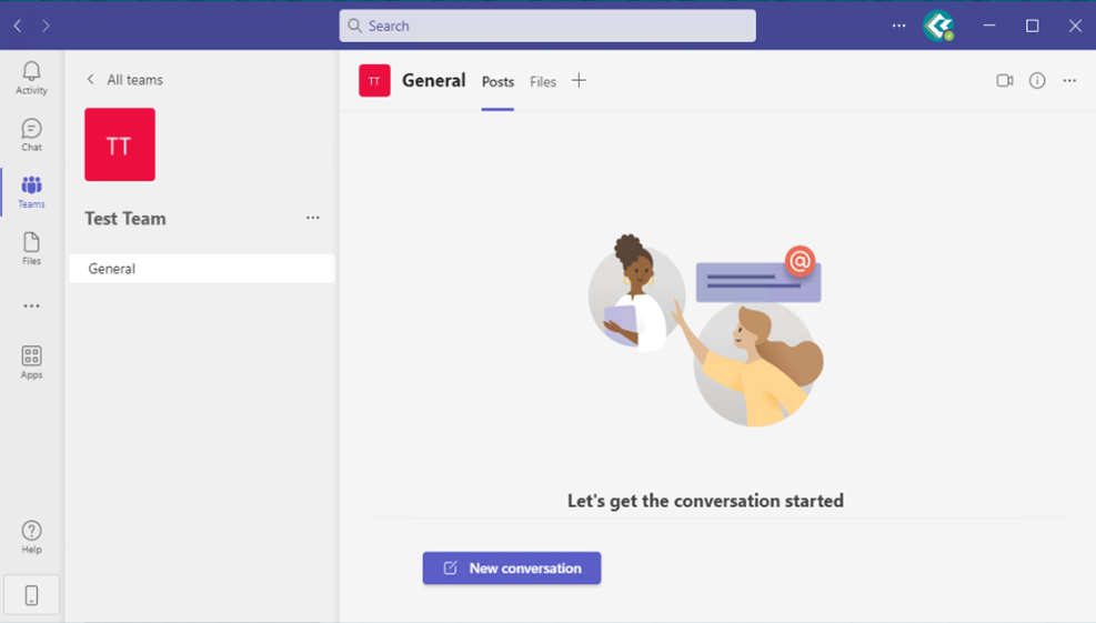 Teams... "Teams" window displayed with an example Team built. By default a newly created team only has a General Channel with no posts.