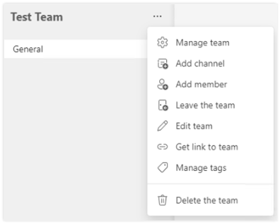 Teams Options context menu displayed with options for Manage Team, Add Channel, Add Members, and more.
