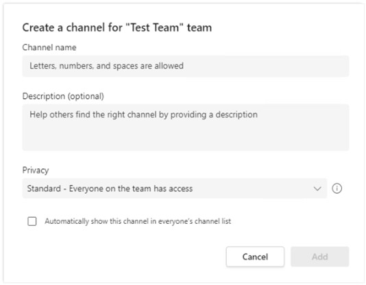 Create a Channel for Team window displayed. Fields for "Channel name, Description, Privacy" 