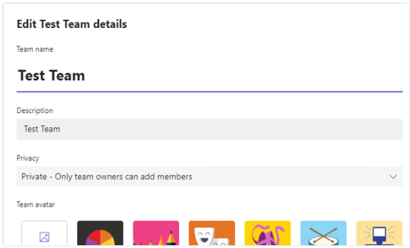 Edit Team Details window displayed. Fields for Name, Description, Privacy, and Avatar.