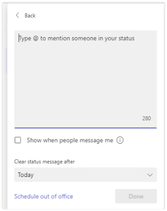 Status message window to enter a message that will appear for users before sending a message. Field for the message, and "clear status message after" duration choice.