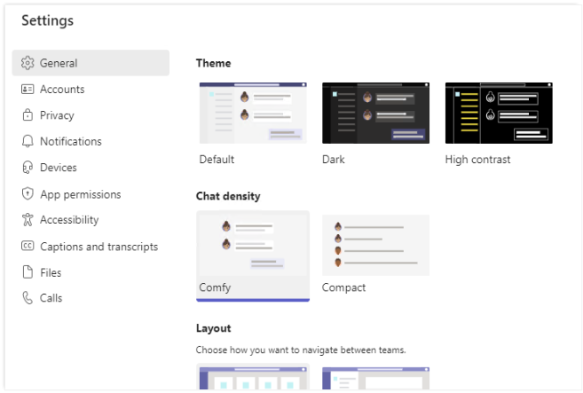 Teams Settings Menu displays. Left-hand menu includes General, Accounts, Privacy, Notifications and more. Middle options for Themes, Density and Layout.
