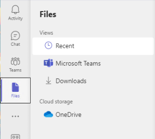 Teams "Files" window displaying options for Recent, Microsoft Teams, Downloads, and OneDrive.