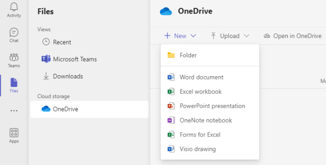 Teams "Files" Window with OneDrive selected. Displays the list of files within OneDrive. The "New" button is expanded with options to create Office documents.