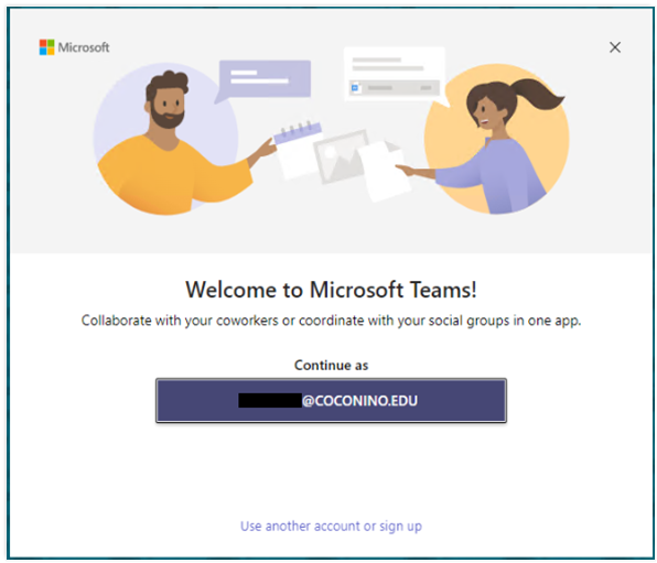 "Welcome to Microsoft Teams" Window. Option to Continue as the user auto-detected. Bottom of the window has "use another account or sign up" for emails not properly auto-detected.