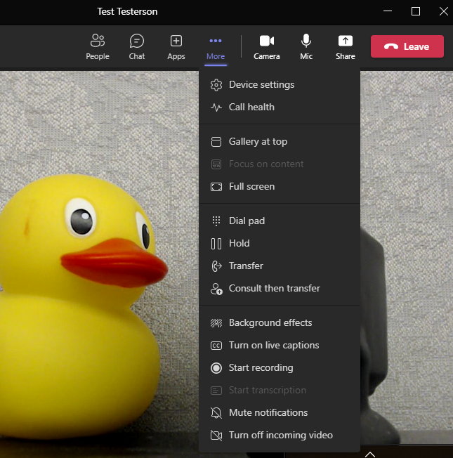Teams meeting toolbar and drop-down showing different options when in meeting.