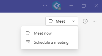 Teams Meet button expanded displaying "Meet now" and "Schedule a meeting"
