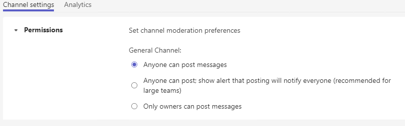 Teams Channel Settings for Permissions on who can post messages