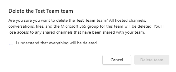 Delete the Team Window. Confirmation window to agree to delete the Team.