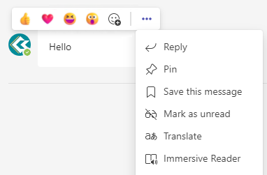 Teams chat message with context menu showing emojis, reply, pin, save message, mark as unread, and more.