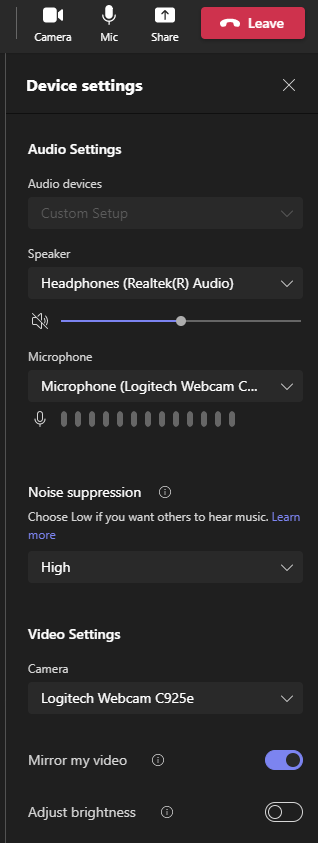 Teams Meeting Device Settings for adjusting Camera and Microphones