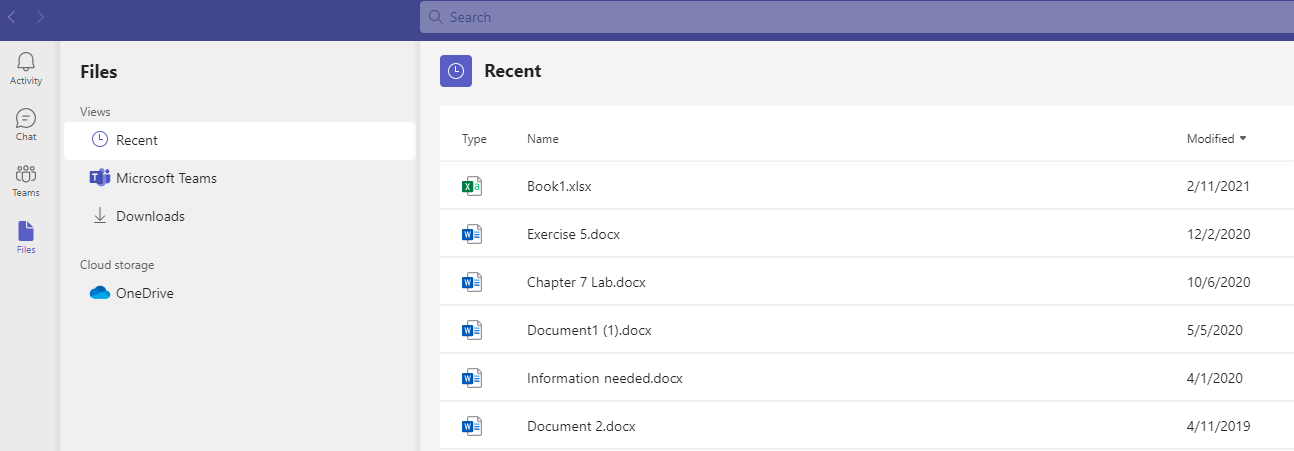Teams "Files" window displaying options for Recent, Microsoft Teams, Downloads, and OneDrive.