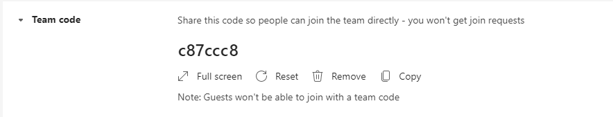 Team Code found in the permissions page to send to users to join a Team. "Share this code so people can join the team directly - you won't get join requests"