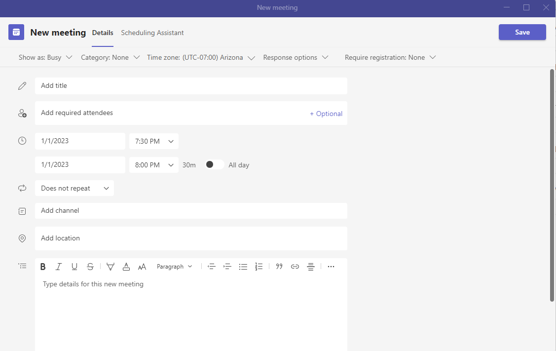 Teams Schedule a Meeting Window. Options include Event Name, Attendees, Dates, Times, Included Channels, Description, and more.