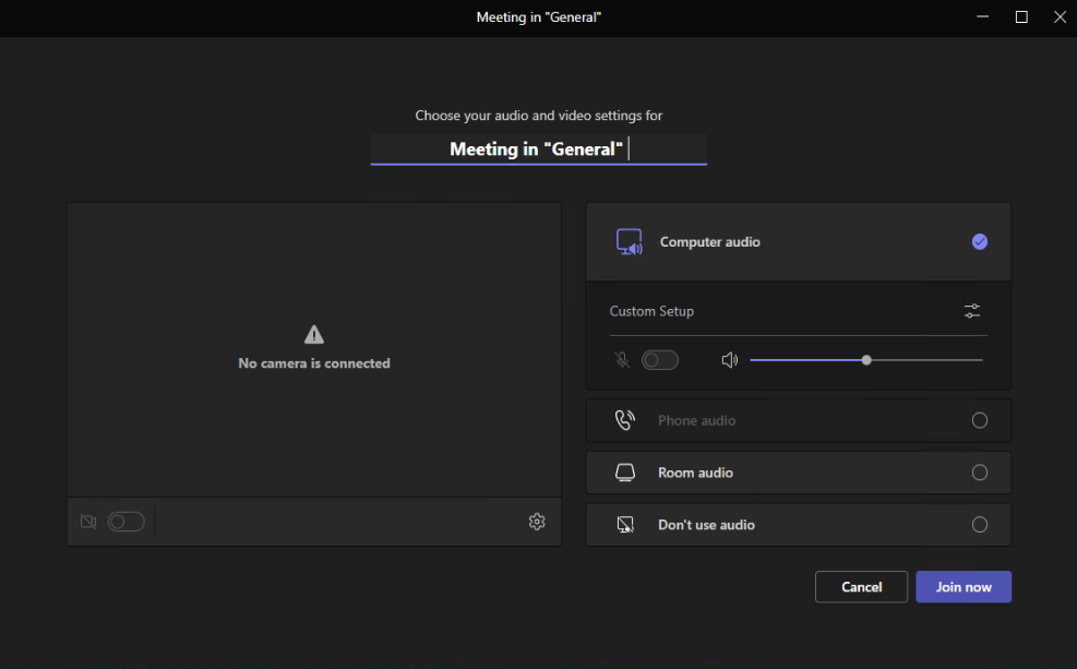 Teams Meeting Window with options for adjusting the meeting name, video, and audio settings.