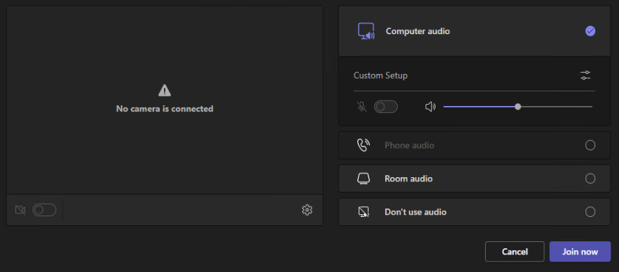Teams Meeting Window with options for adjusting the meeting name, video, and audio settings.