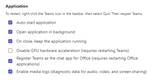 Teams Settings Menu displayed with only the "Application" area highlighted with auto-start Application, Open Application in Background, and other application specific items.
