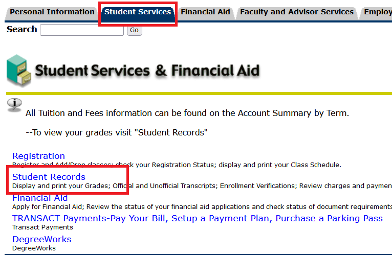 Self Service Banner "Student Services" page highlighting "Student Records" link