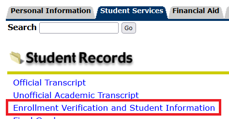 Self Service Banner "Student Records" page highlighting "Enrollment Verification and Student Information" link