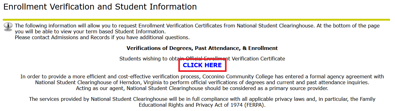 Self Service Banner "Enrollment Verification" page highlighting the "Click Here" link to navigate to the Clearing House