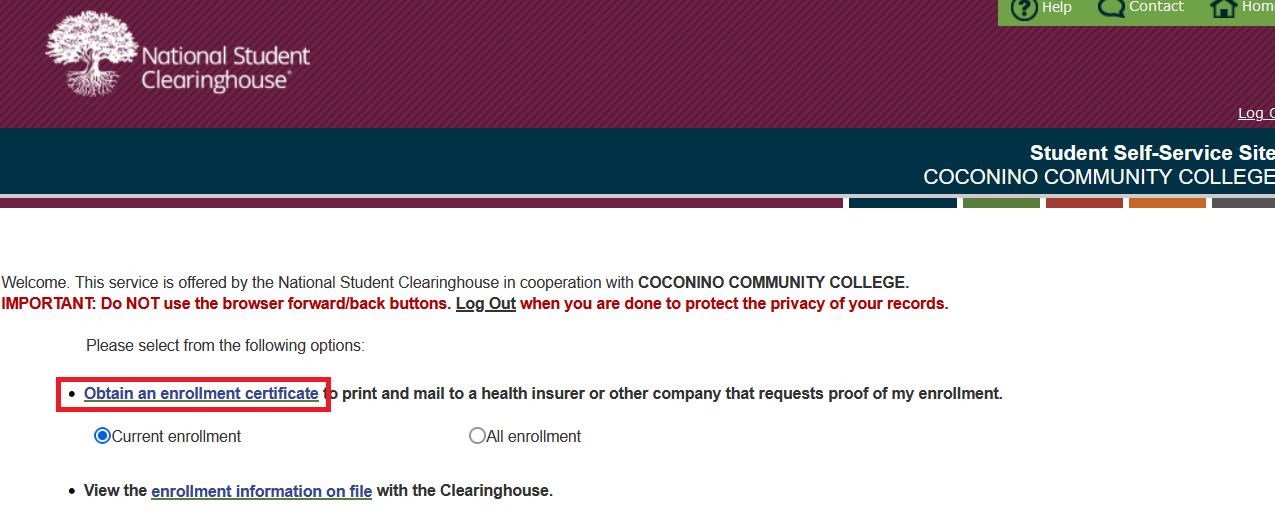 Clearing House Website shown with "Obtain an Enrollment Certificate" link highlighted