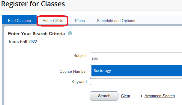 Register for Classes page within Self Service Banner with "Enter CRNS" highlighted