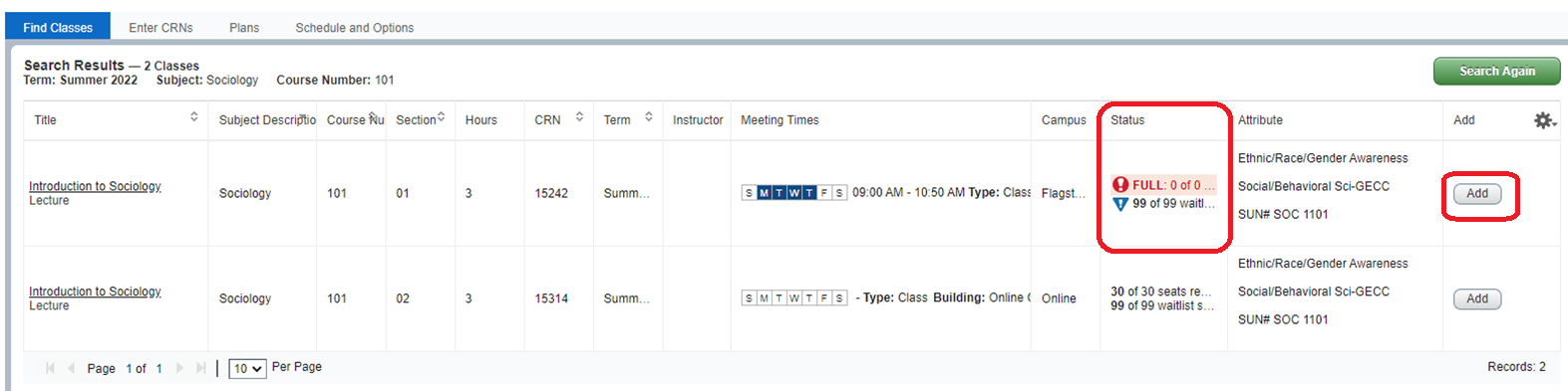 Find Classes page shown with "Full" status highlighted and the "Add" button available