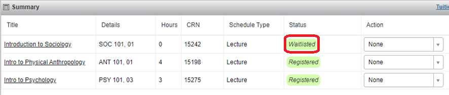 Summary screen displays with the "status" changed to "Waitlisted"