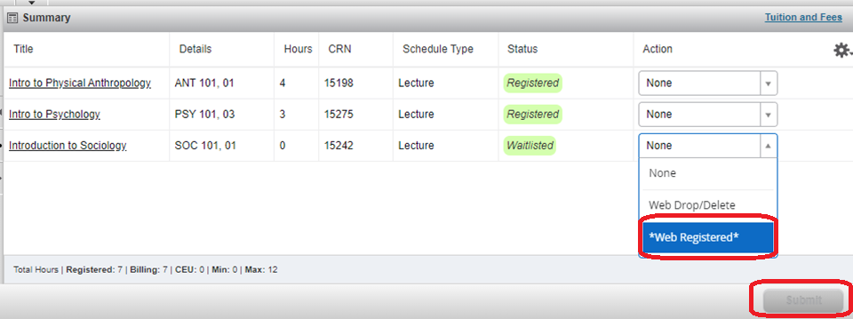 Summary screen displayed with the action section opened highlighting "Web Registered"