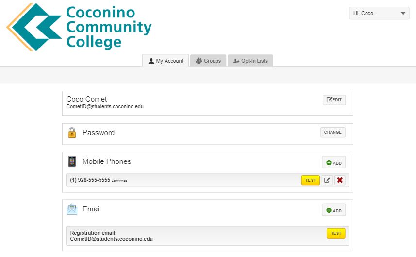 Rave logged in page, with options for editing the account, changing your password, changing or adding your mobile number, and adding additional email addresses.