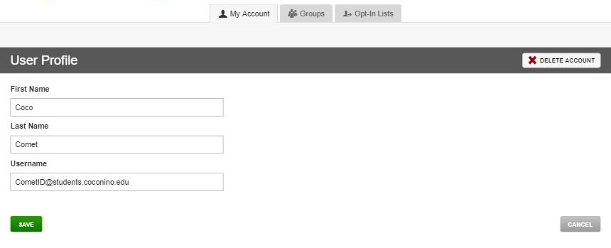 Rave profile showing first name, last name, email address, and a delete account button