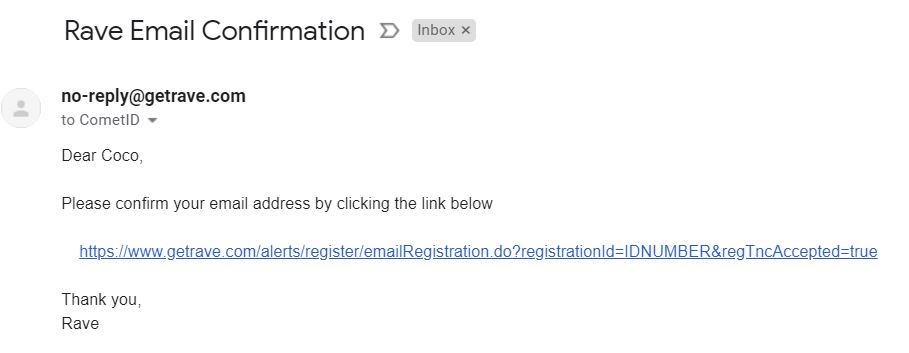 Rave Confirmation Email plus Link to confirm email address
