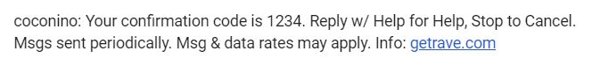 Rave text message confirmation with 4 digit confirmation code. Instructions state you can reply with HELP, STOP or CANCEL.