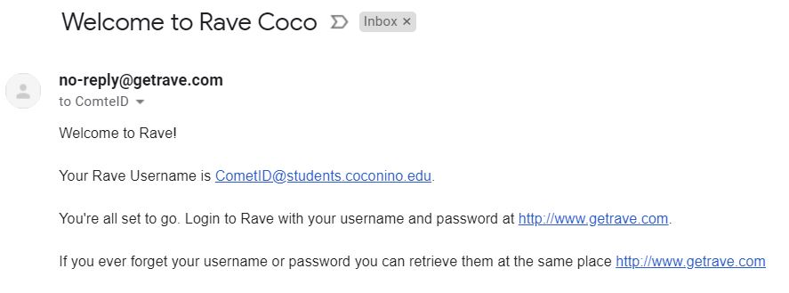Rave Welcome to Rave Confirmation Email stating the account has been successfully setup